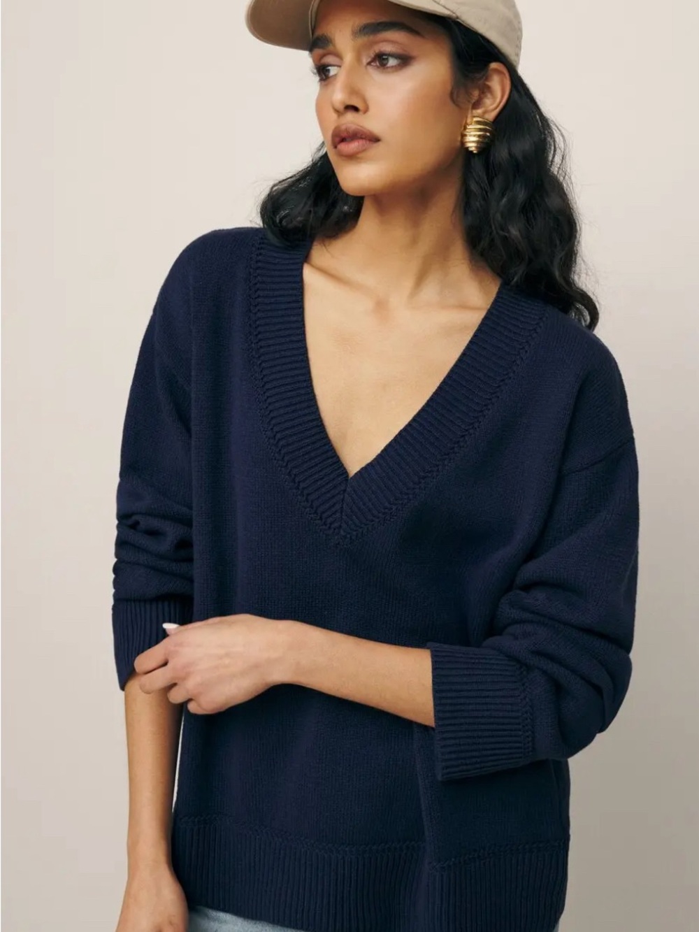 Reformation Sienna Oversized Cotton V Neck Sweater Size: XL